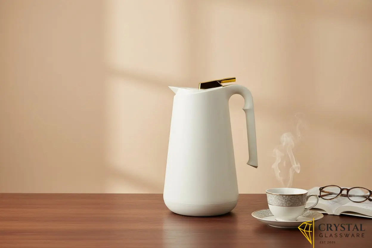 Cream-colored Lavidar vacuum flask with gold-accented lid and button